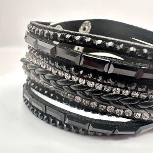 Vintage Y2K Black Leather Glass Rhinestone‎ Wrap Bracelet Silver Tone Jewelry